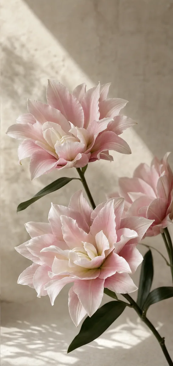 Two blush-pink Roselilies with layered, ruffled petals against a soft stone wall.