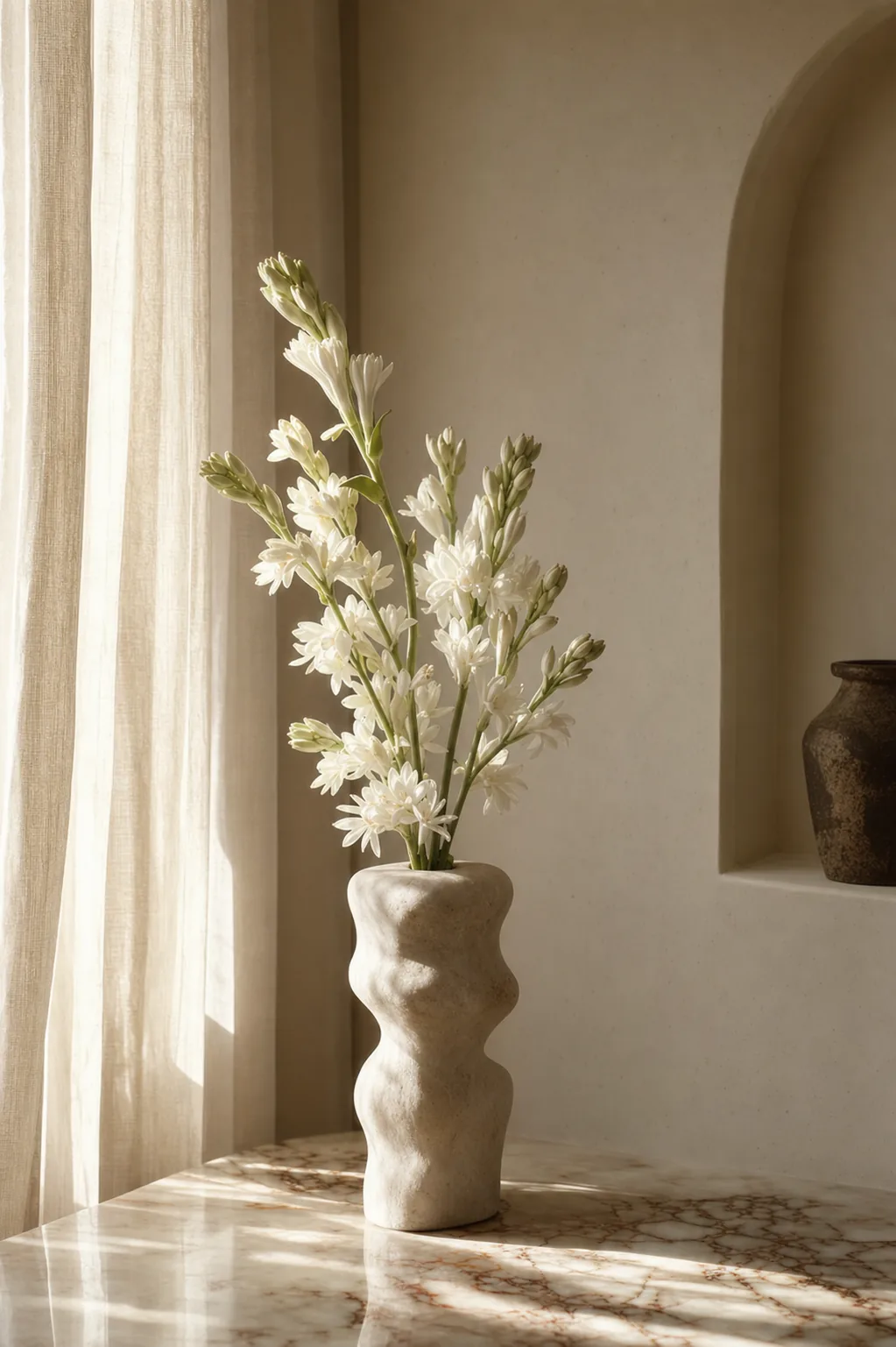 A loose tuberose bunch in a tall clear vase on a marble console in a calm room.